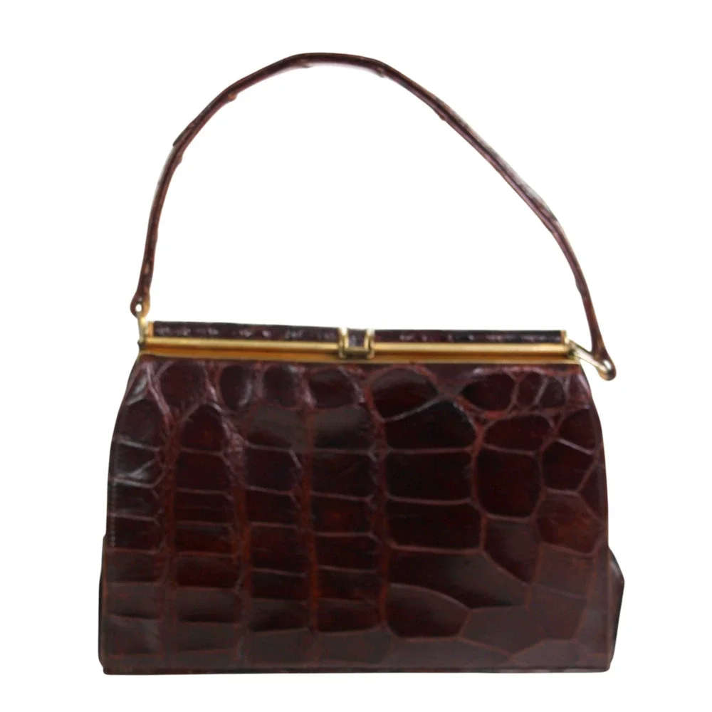 VINTAGE BROWN CROCODILE SKIN FRAME TOP HANDLE SHOULDER BAG HANDBAG SATCHEL PURSE